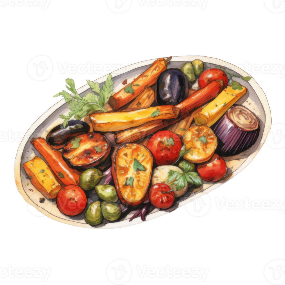 Roasted medley of colorful vegetables arranged on an oval platter. png