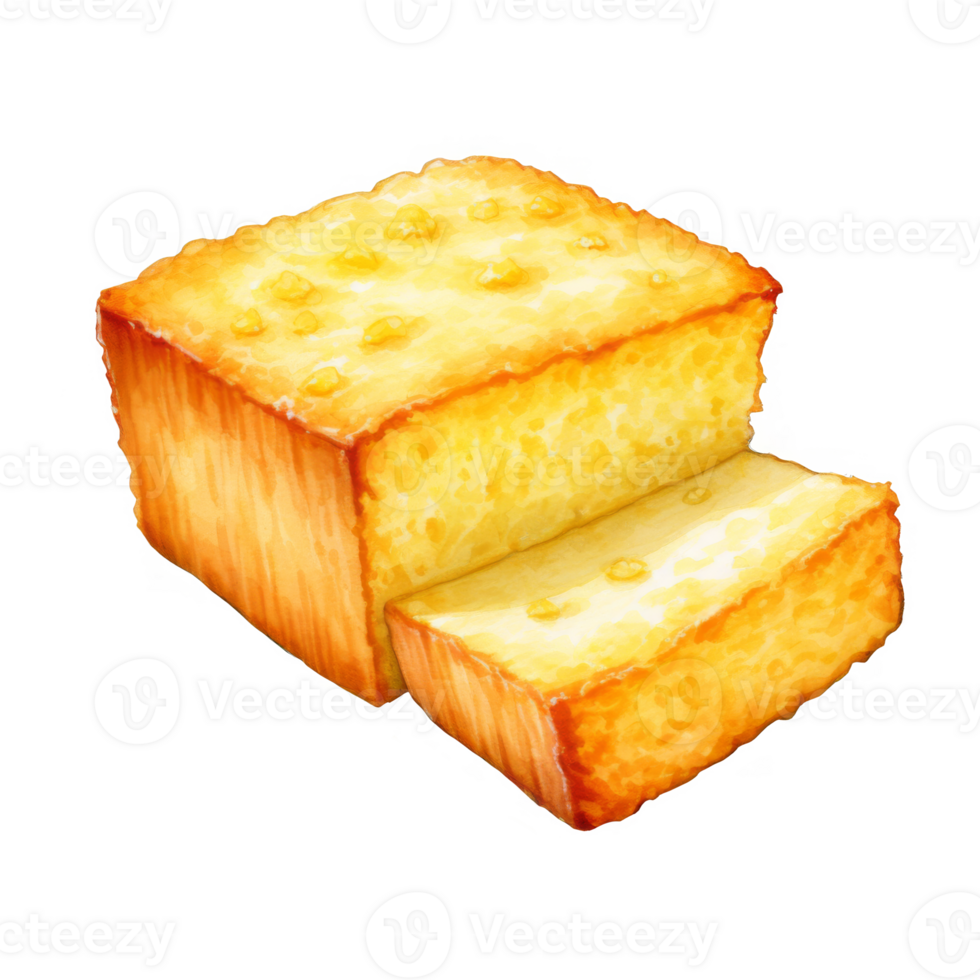 A watercolor painting of a halved loaf of golden pound cake with lemon zest. png