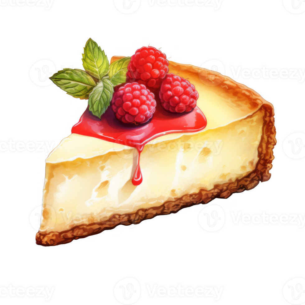 A slice of creamy cheesecake topped with fresh raspberries and raspberry sauce. png