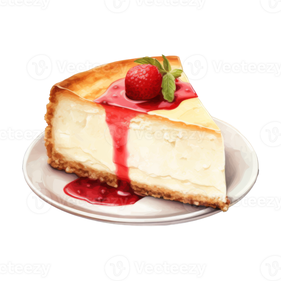 A slice of creamy cheesecake, topped with strawberry and red sauce, served on a plate. png