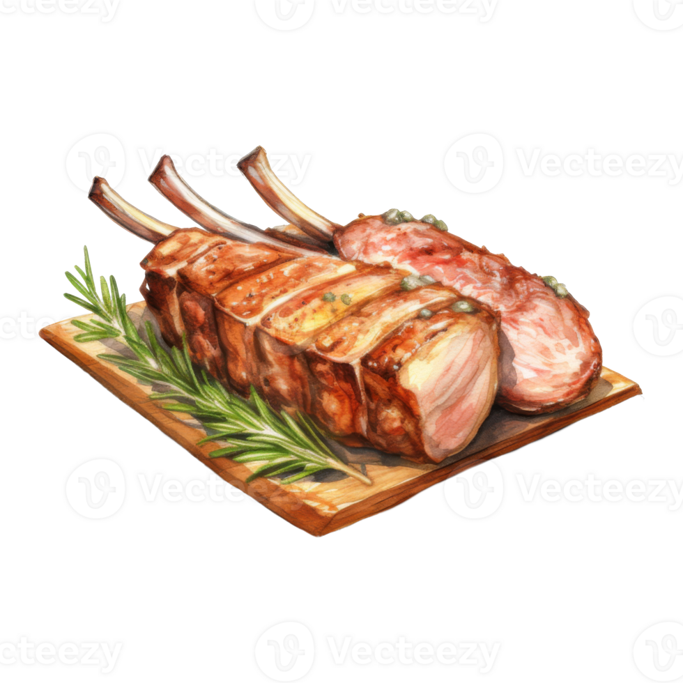 Grilled Lamb Chops with Rosemary and Capers on Wooden Board png