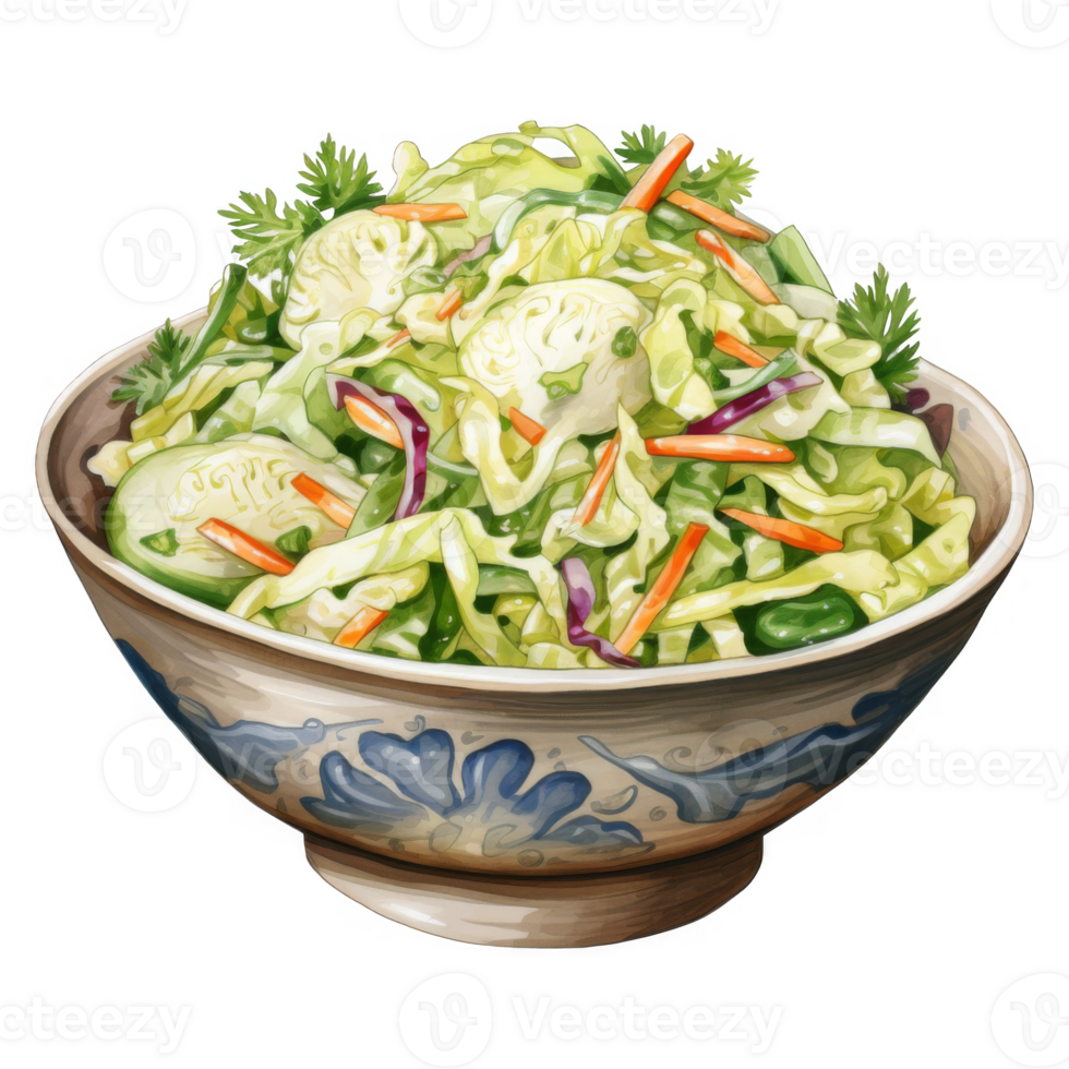 Fresh Coleslaw Salad in a Decorative Bowl with Carrots and Cucumber png