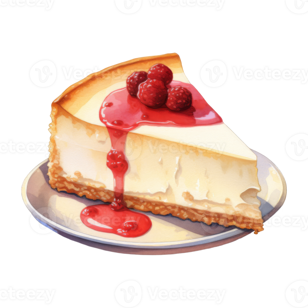 A slice of creamy cheesecake topped with raspberries and raspberry sauce. png
