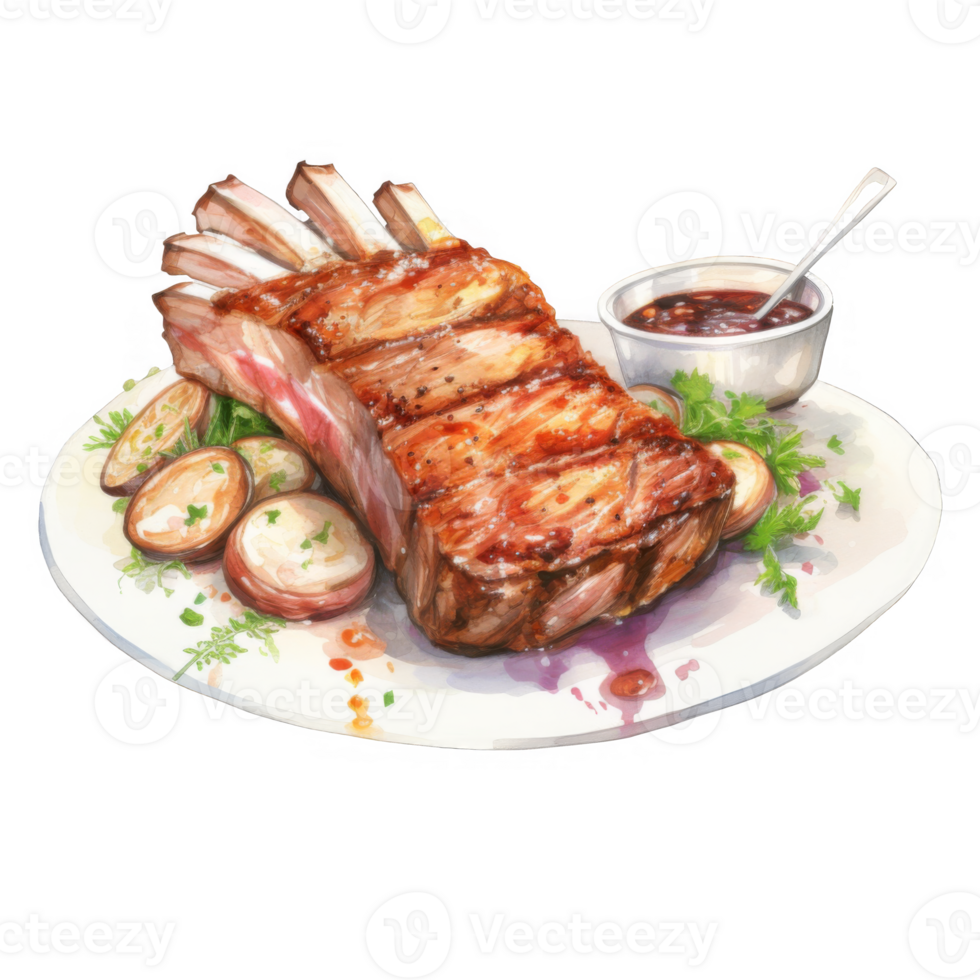 Grilled Lamb Chops with Roasted Potatoes and Herb Garnish, Served with Sauce png