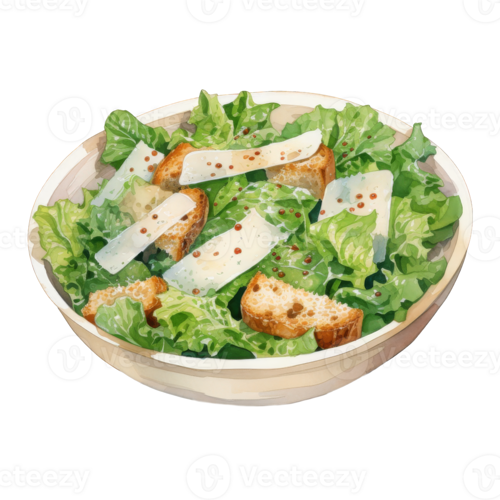 Watercolor Painting of a Caesar Salad in a Bowl png