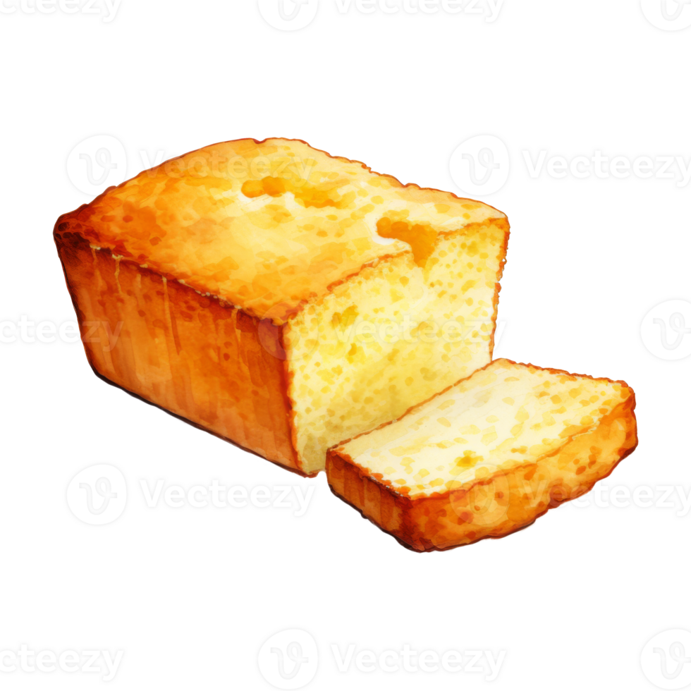 Watercolor Painting of a Golden Loaf Cake, Sliced and Drizzled png