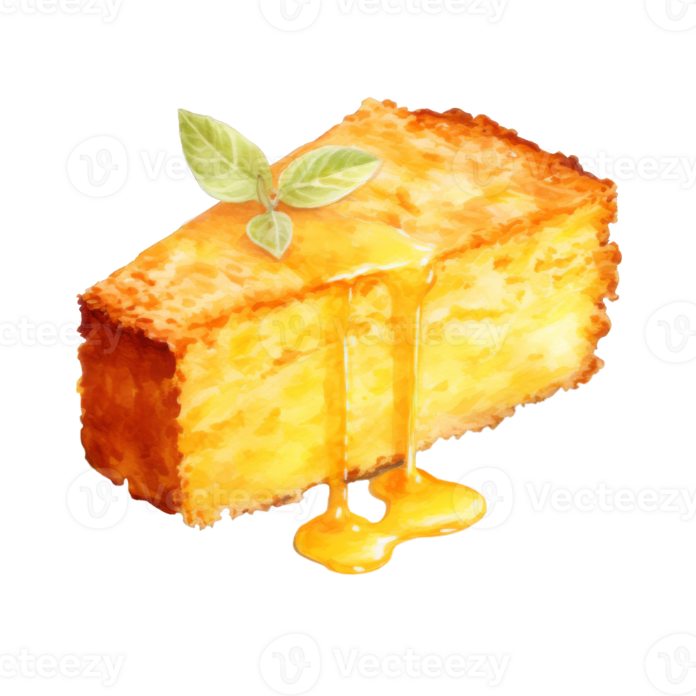 A slice of honey-drizzled sponge cake, garnished with fresh mint leaves. png