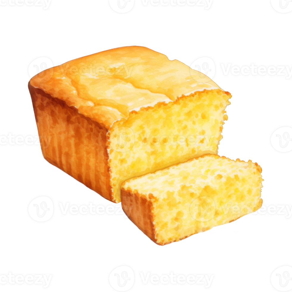 Golden-crusted loaf of cornbread, sliced, showing moist crumb texture. png