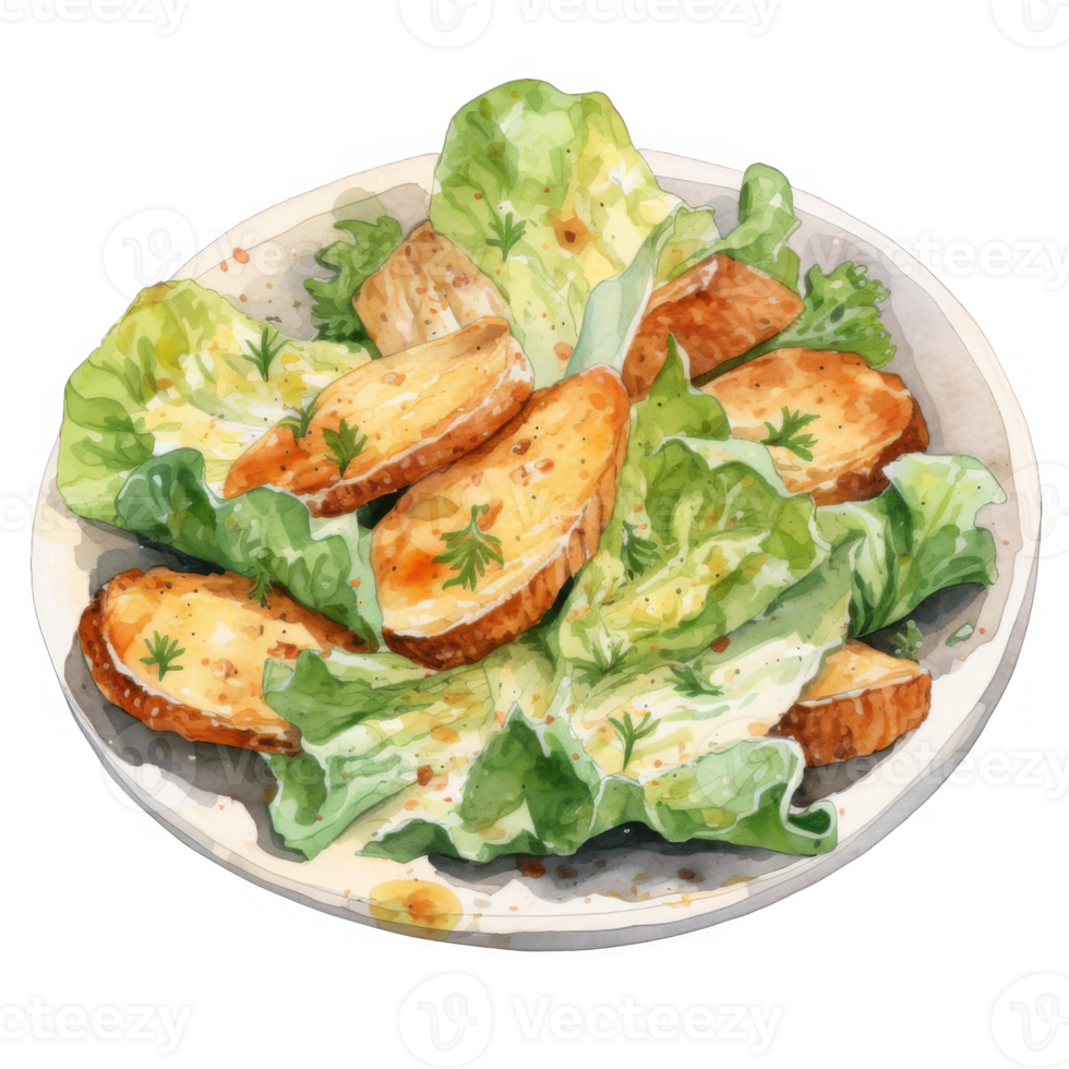 Watercolor Painting of a Caesar Salad with Toasted Croutons and Lettuce png