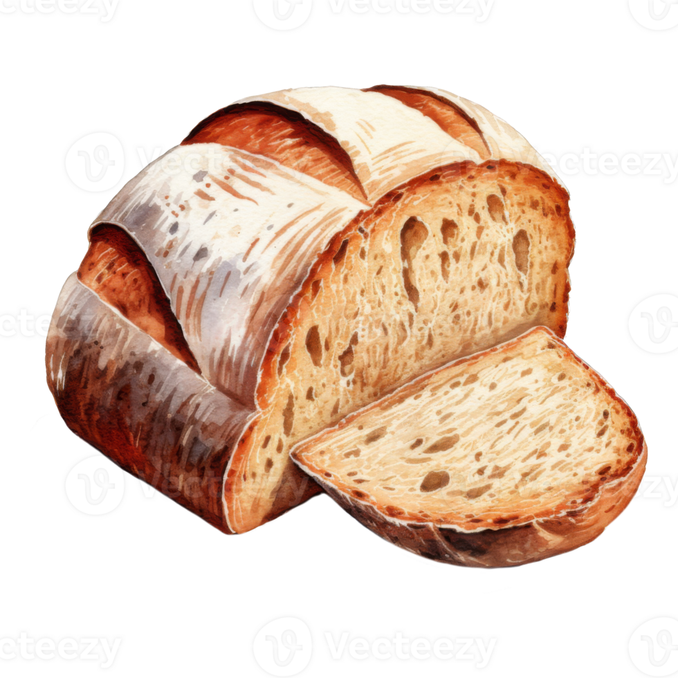 Watercolor Painting of a Crusty Artisan Loaf of Bread, Sliced png