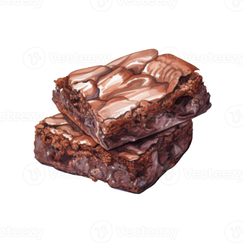 Two Delicious Chocolate Brownies with Swirled Glaze, Watercolor Painting png