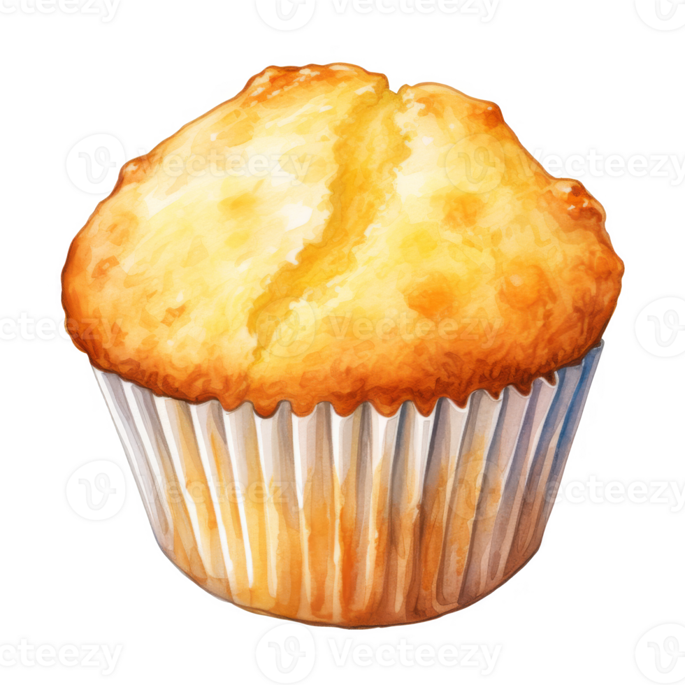 A watercolor painting of a single, golden-brown muffin in a paper liner. png