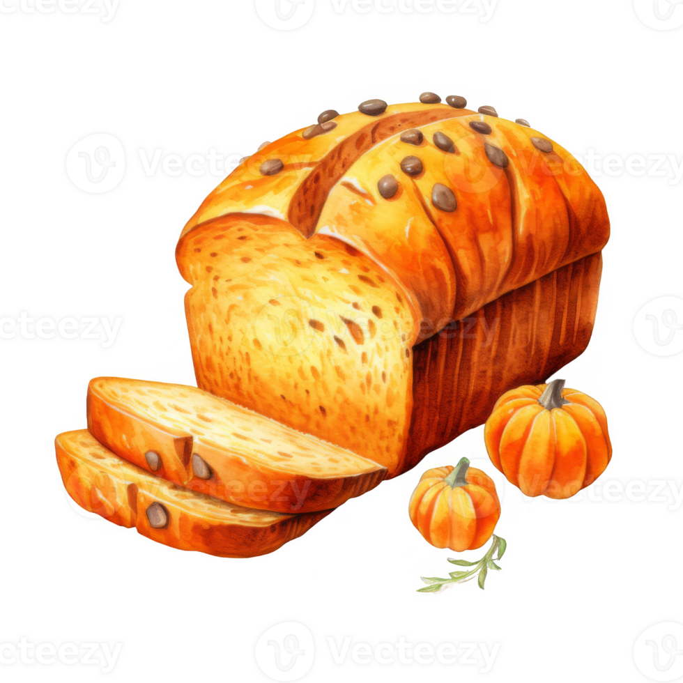 Watercolor painting of pumpkin bread loaf with slices and small pumpkins png