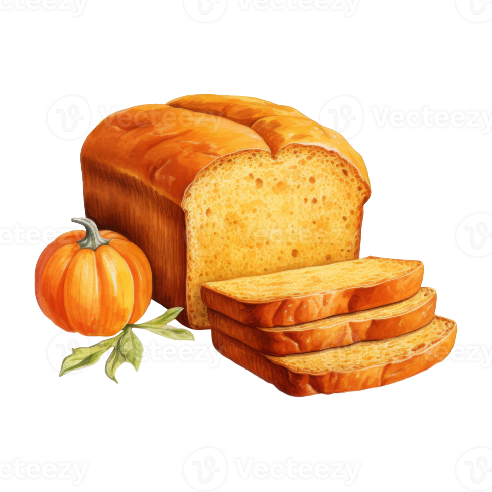 A loaf of pumpkin bread with slices and a small pumpkin. png