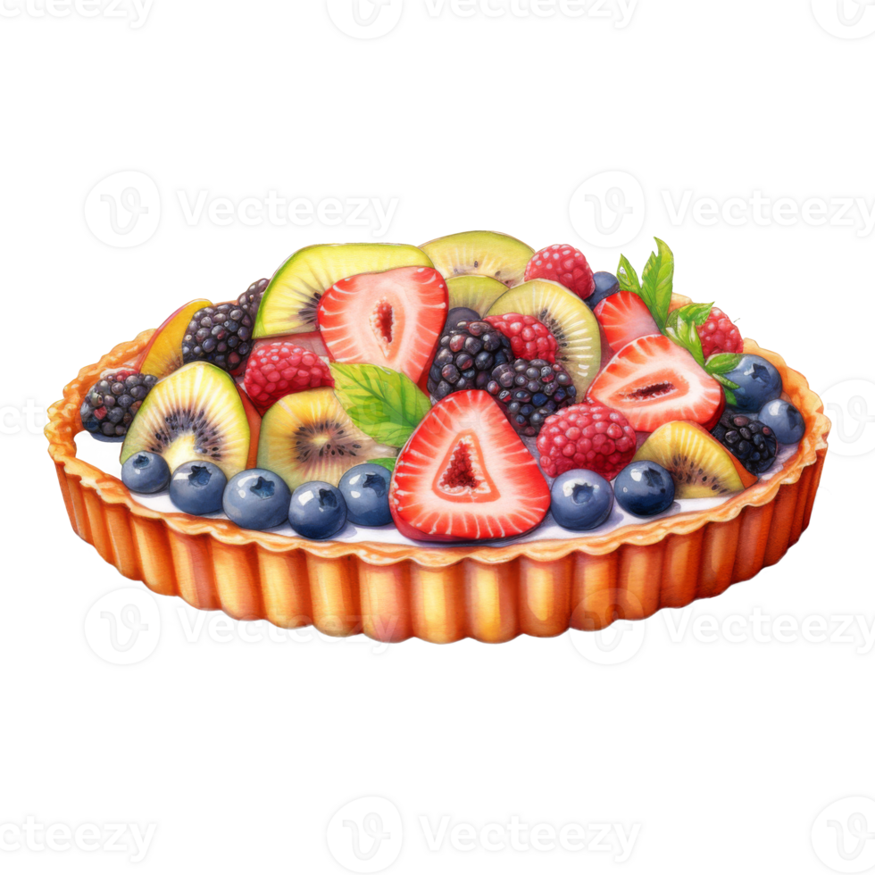A vibrant fruit tart brimming with strawberries, kiwi, blueberries, raspberries, and blackberries. png