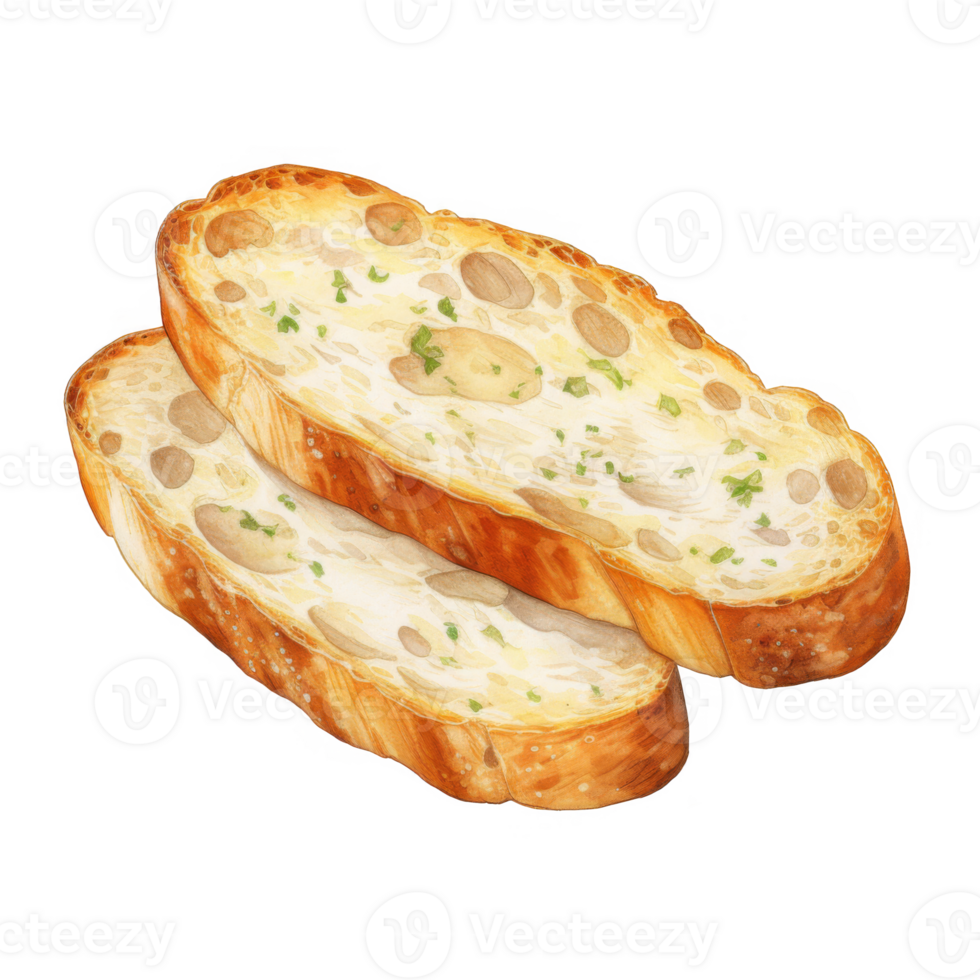 Watercolor painting of two slices of garlicky herb bread. png