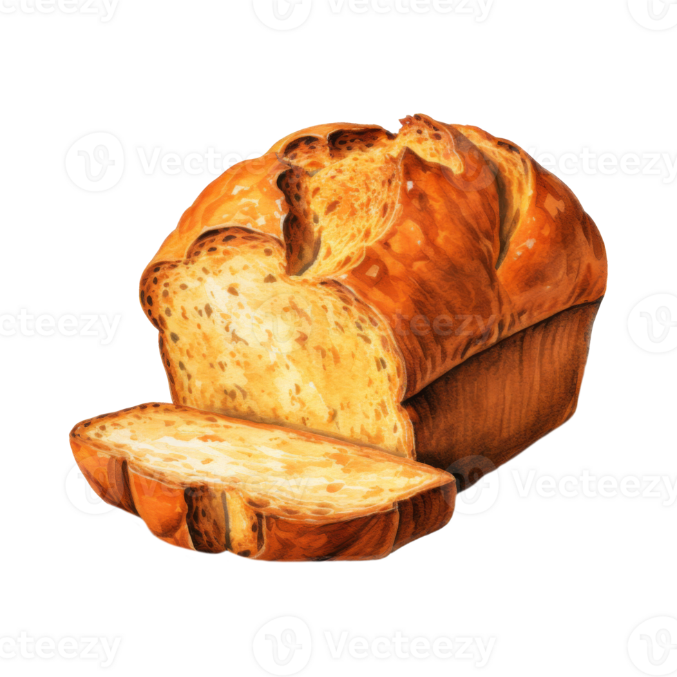 A watercolor painting of a loaf of golden-brown artisan bread, sliced. png