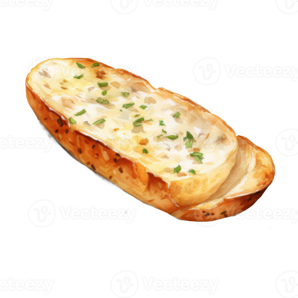 Watercolor Painting of a Sliced Piece of Garlic Bread with Herbs png