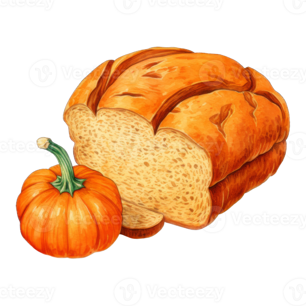 A loaf of pumpkin bread and a small pumpkin resting on leaves. png