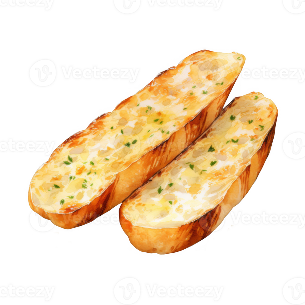 Watercolor Painting of Two Slices of Buttery Garlic Bread with Herbs png