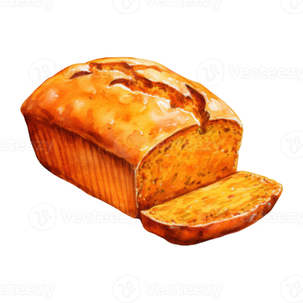 Watercolor Painting of a Sliced Loaf of Golden-Brown Pumpkin Bread png