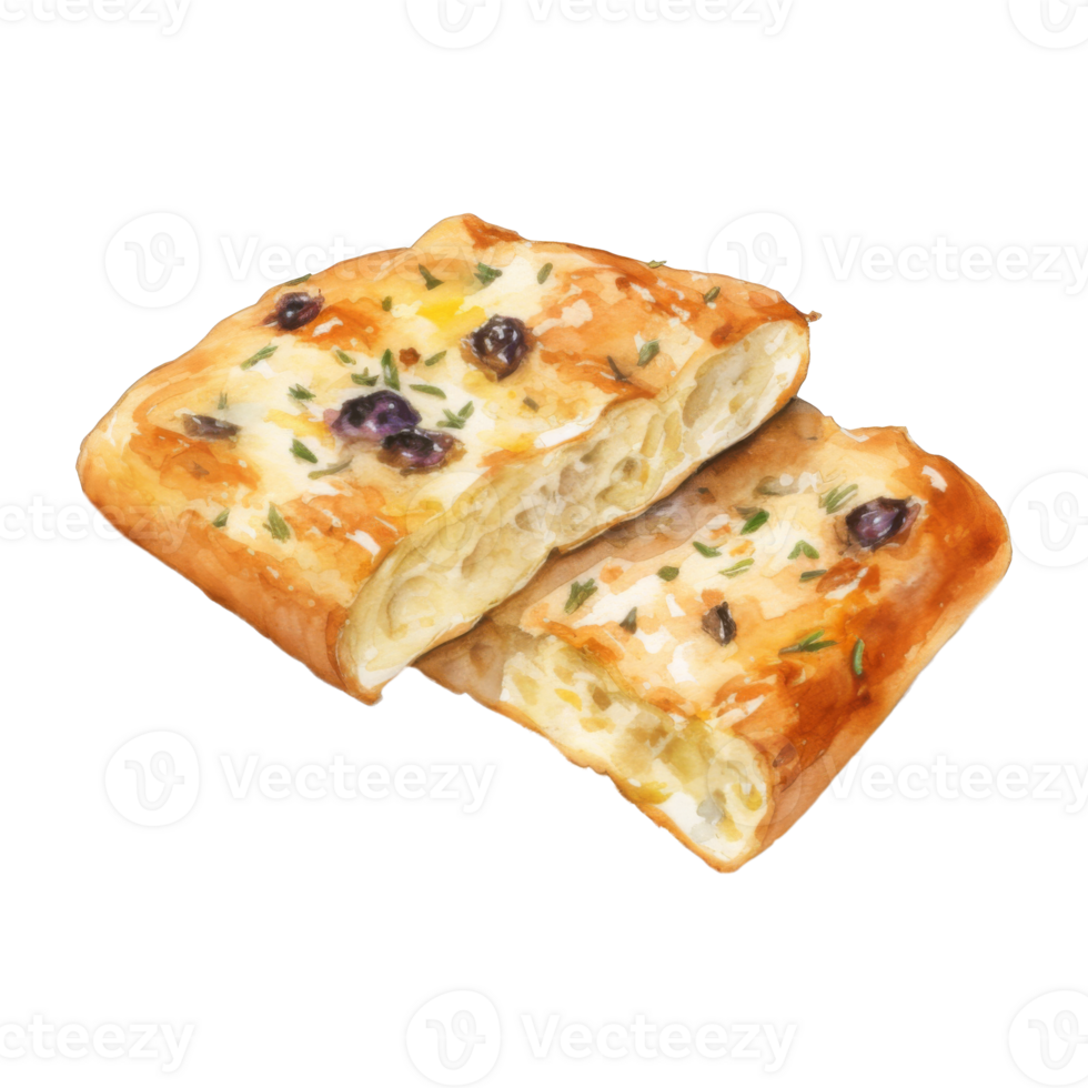 Watercolor Painting of Two Slices of Olive and Herb Focaccia Bread png