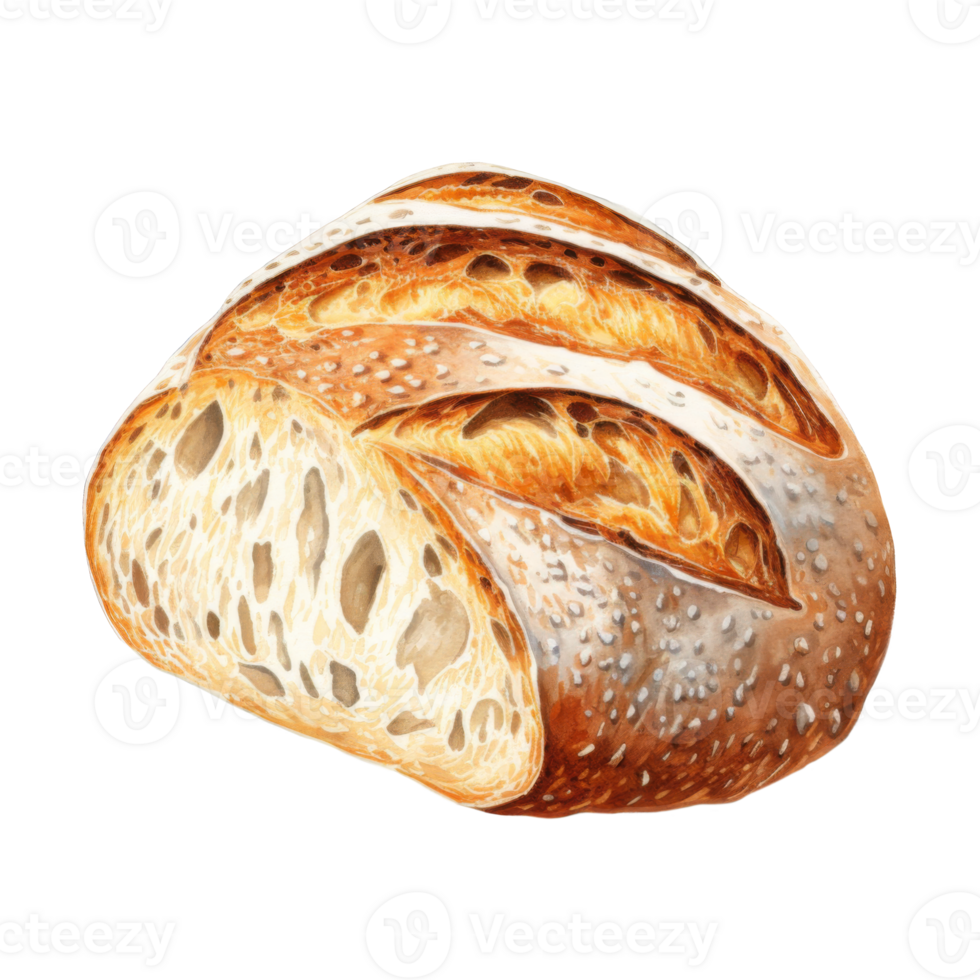Watercolor Painting of a Crusty Artisan Bread Loaf, Sliced png
