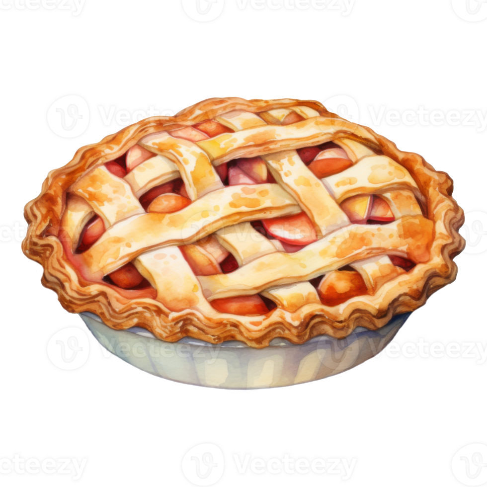 A watercolor painting of a delicious peach pie with a lattice crust. png