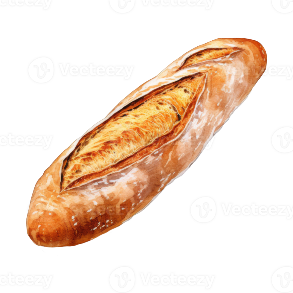Watercolor painting of a crusty, golden-brown baguette on parchment paper. png