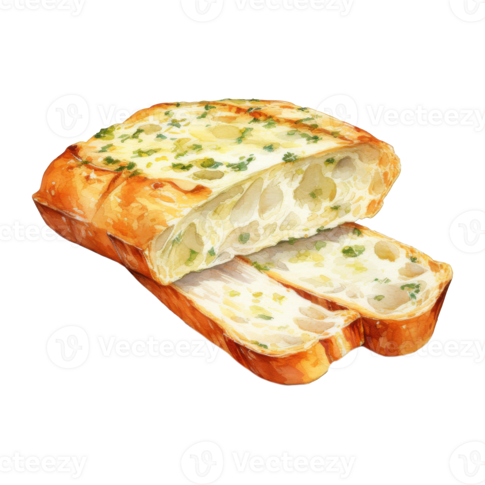 Watercolor Painting of a Delicious, Golden-Brown Garlic Bread Loaf, Sliced png