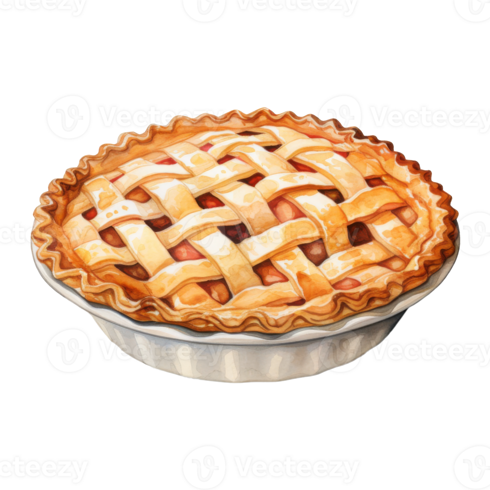 A Delicious Watercolor Painting of a Lattice-Top Apple Pie in a Dish png