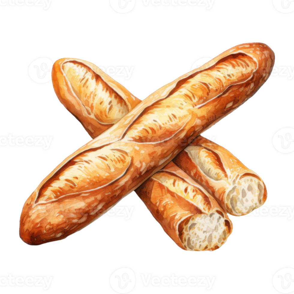 Watercolor Painting of Three Crusty, Golden-Brown Baguettes png