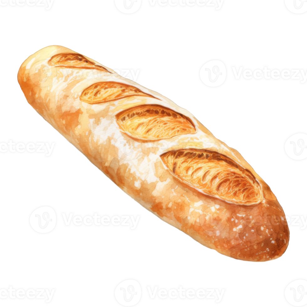 Watercolor Painting of a Crusty, Golden-Brown Baguette on a Surface png