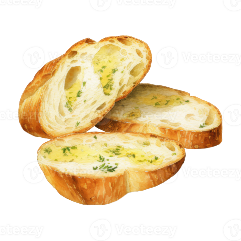 Watercolor Painting of Three Slices of Garlicky Herb Bread png