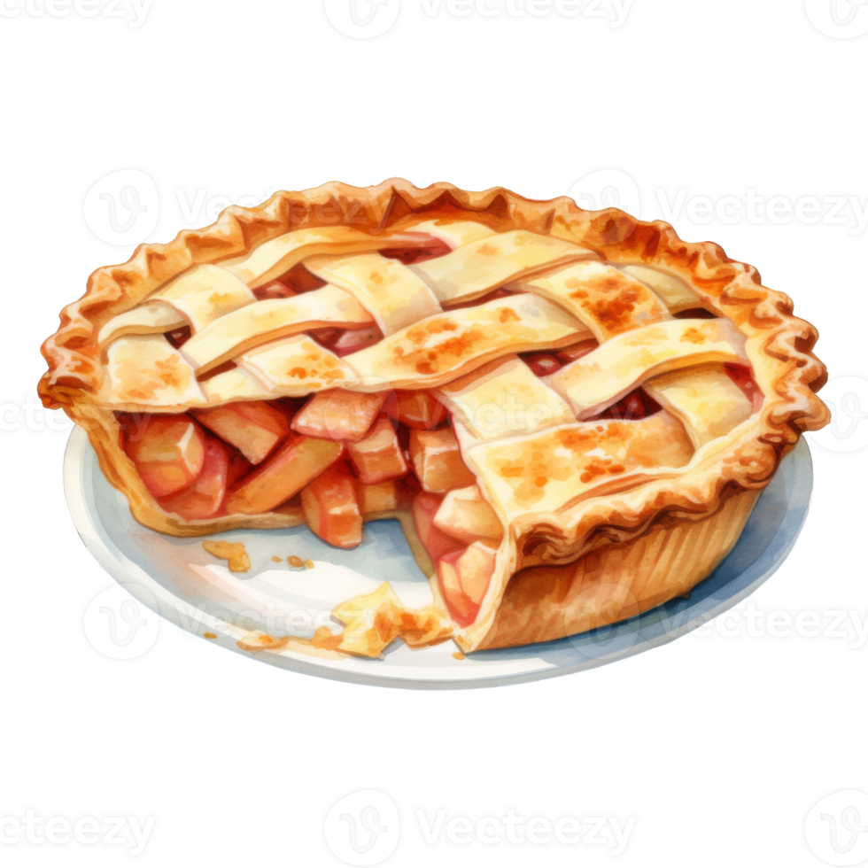 A watercolor painting of a delicious apple pie, a slice missing. png