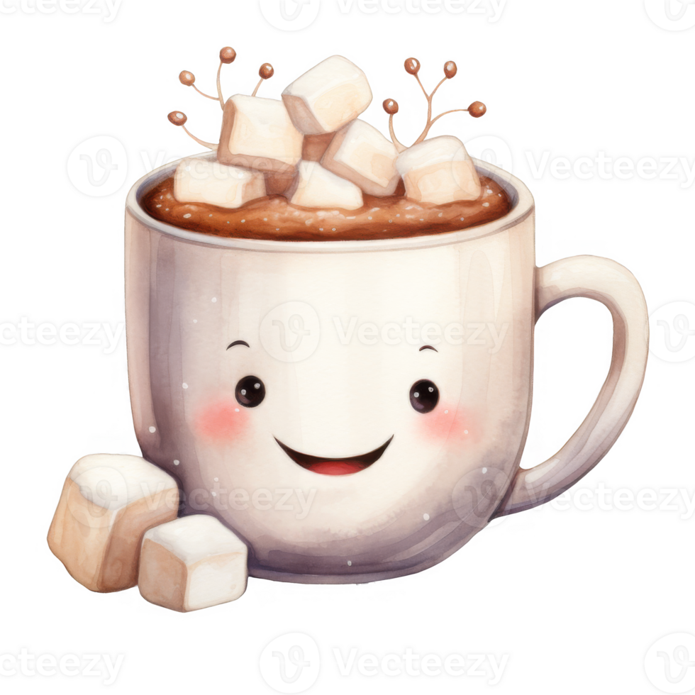 Cheerful mug of hot chocolate topped with marshmallows and winter sprigs. png