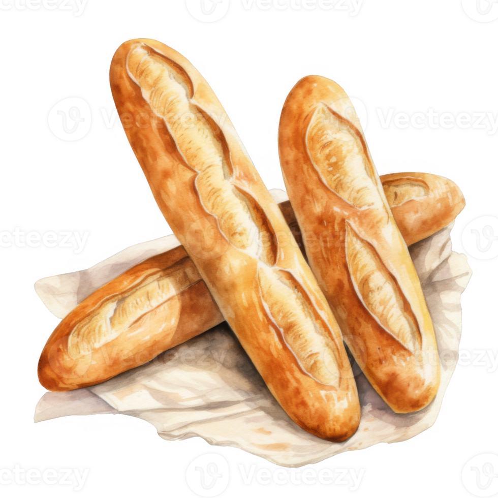 Watercolor painting of three golden-brown baguettes on parchment paper. png