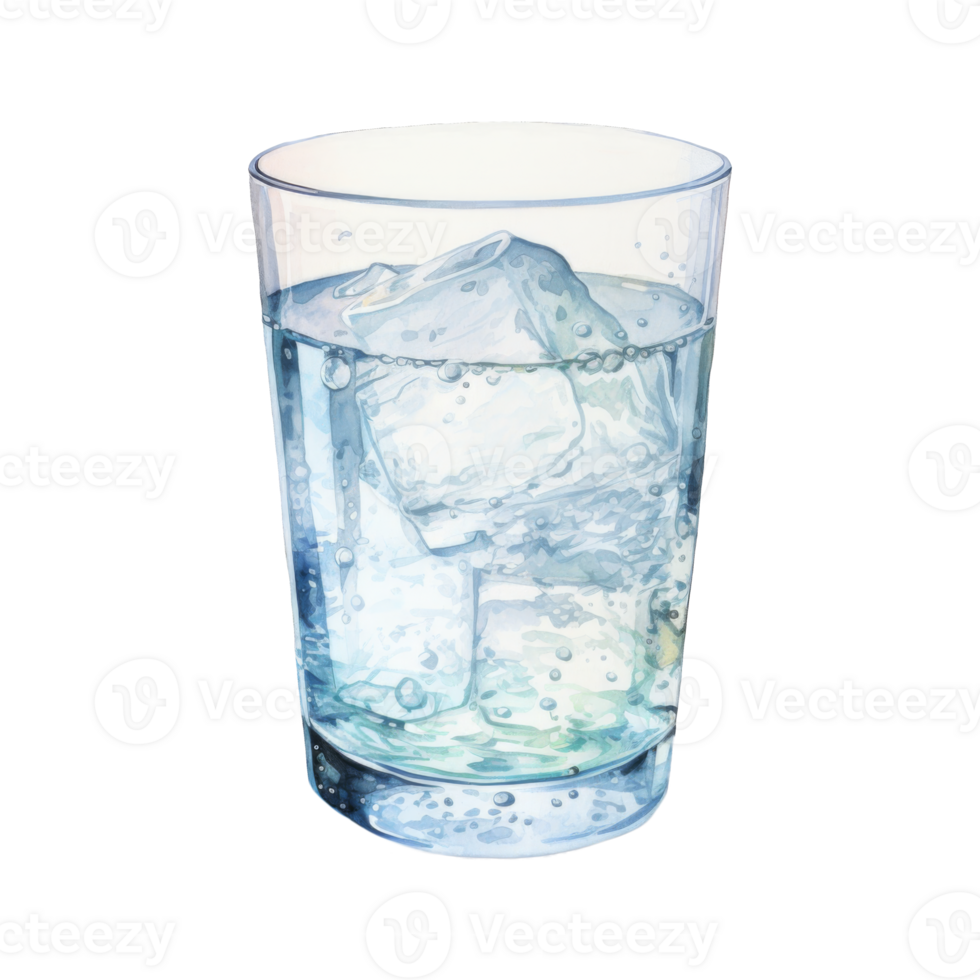 Watercolor painting of a glass of water with ice cubes. png