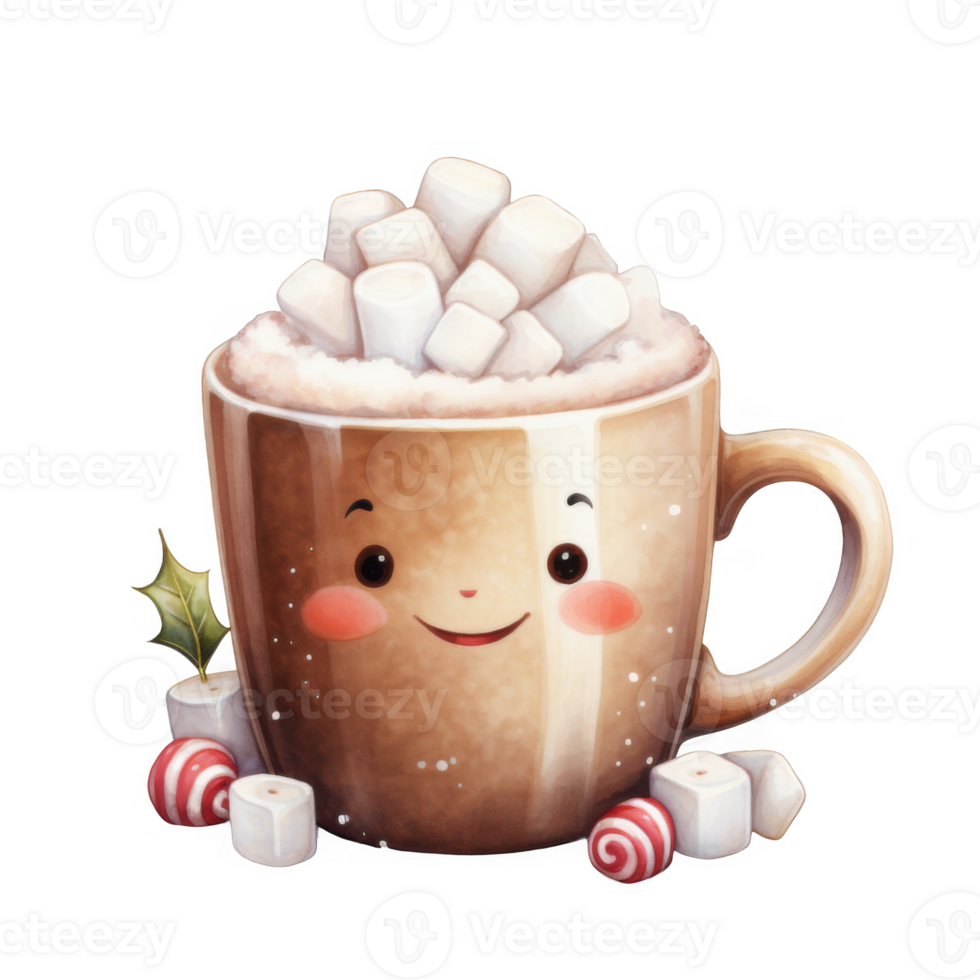 Cheerful cartoon mug brimming with hot chocolate and marshmallows. png