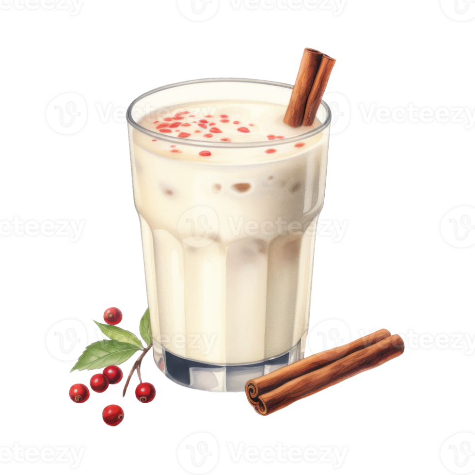 Creamy Eggnog Drink with Cinnamon Sticks and Cranberries Garnish png