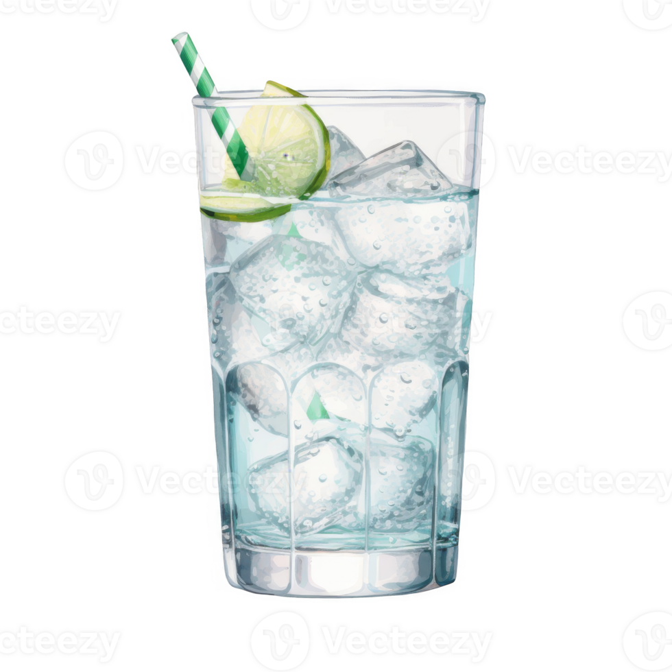 Refreshing Lime Soda with Ice Cubes and Paper Straw in Tall Glass png