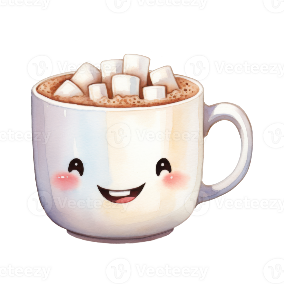 Cheerful mug of hot chocolate topped with fluffy marshmallows. png
