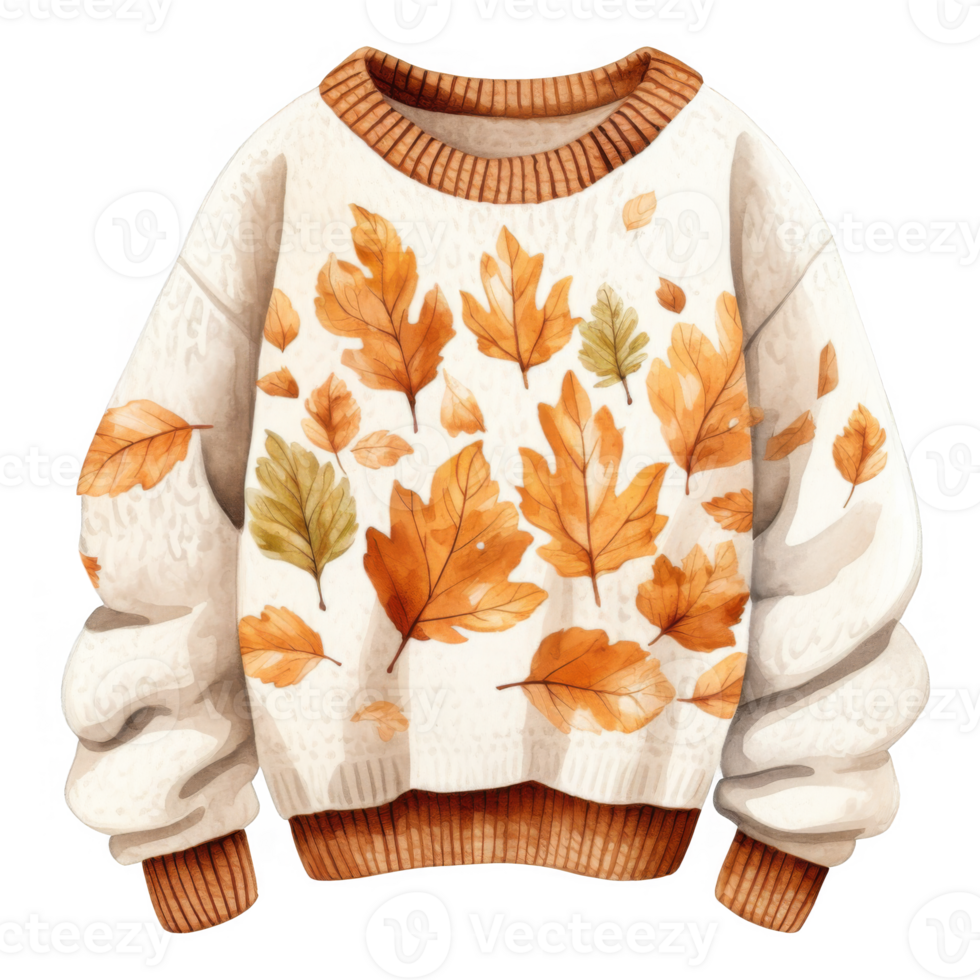 Cream-colored knitted sweater adorned with autumnal maple leaves. png