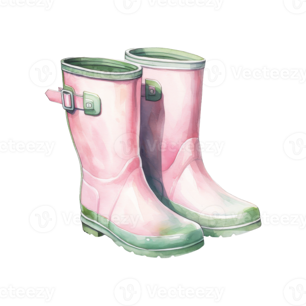 Watercolor Painting of a Pair of Pink Rubber Boots with Green Accents png