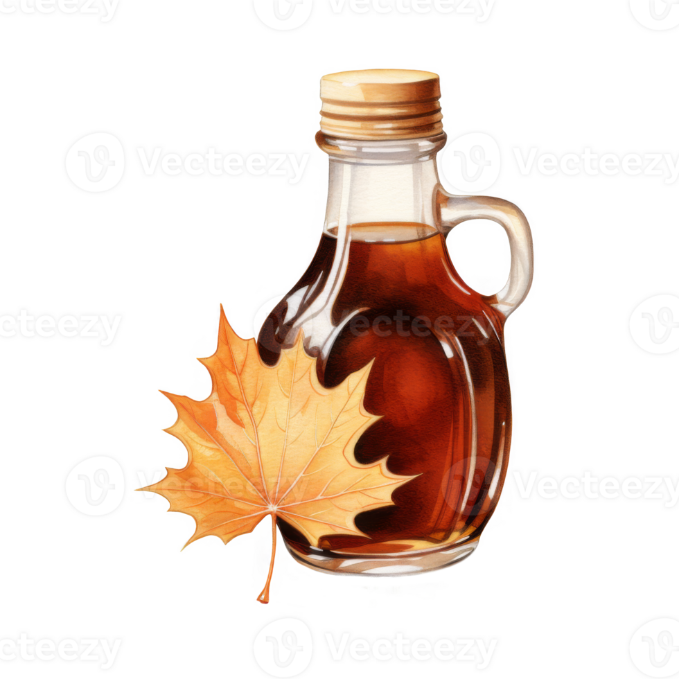 Glass bottle of amber maple syrup with a maple leaf png
