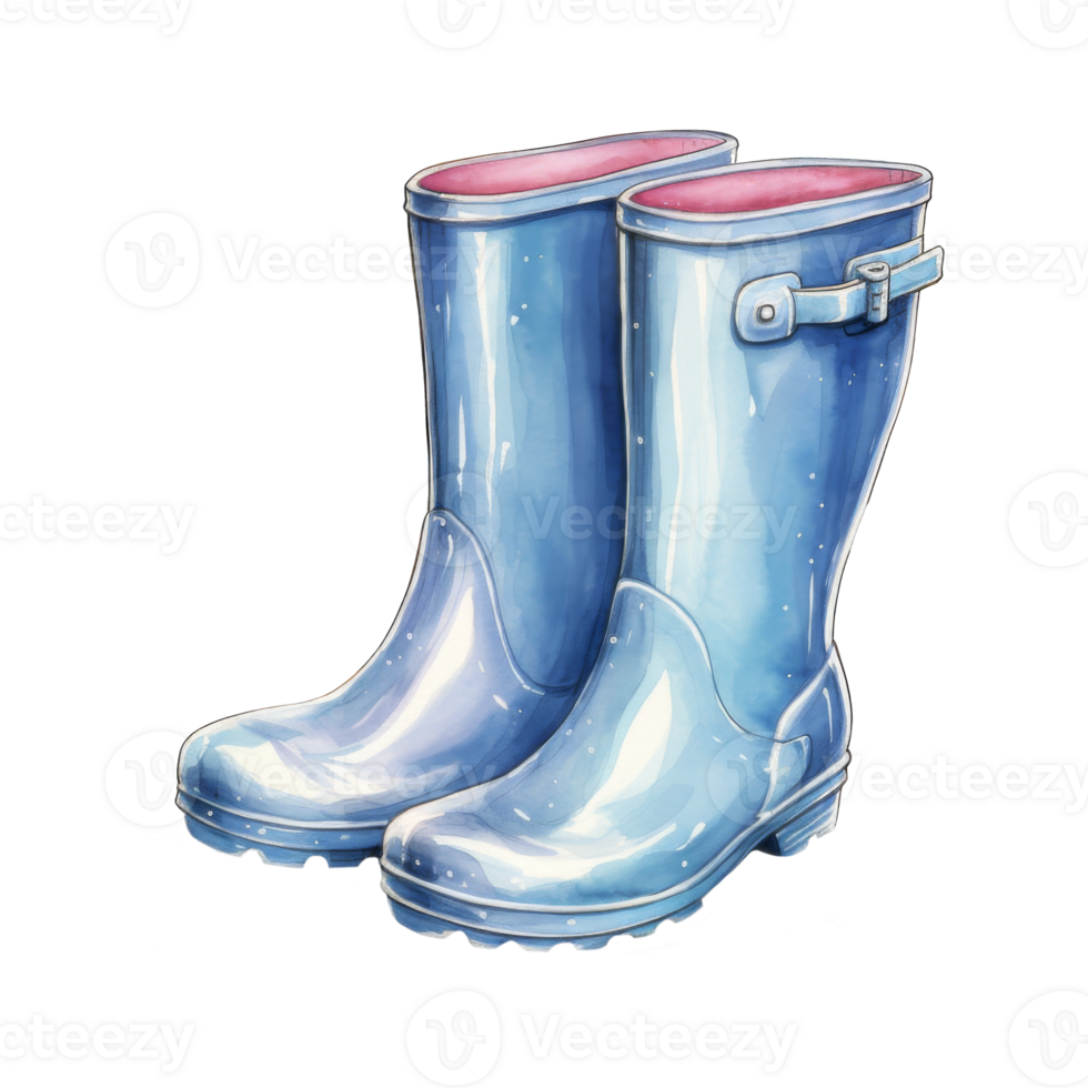 A Pair of Shiny Light Blue Rubber Rain Boots, Watercolor Illustration png