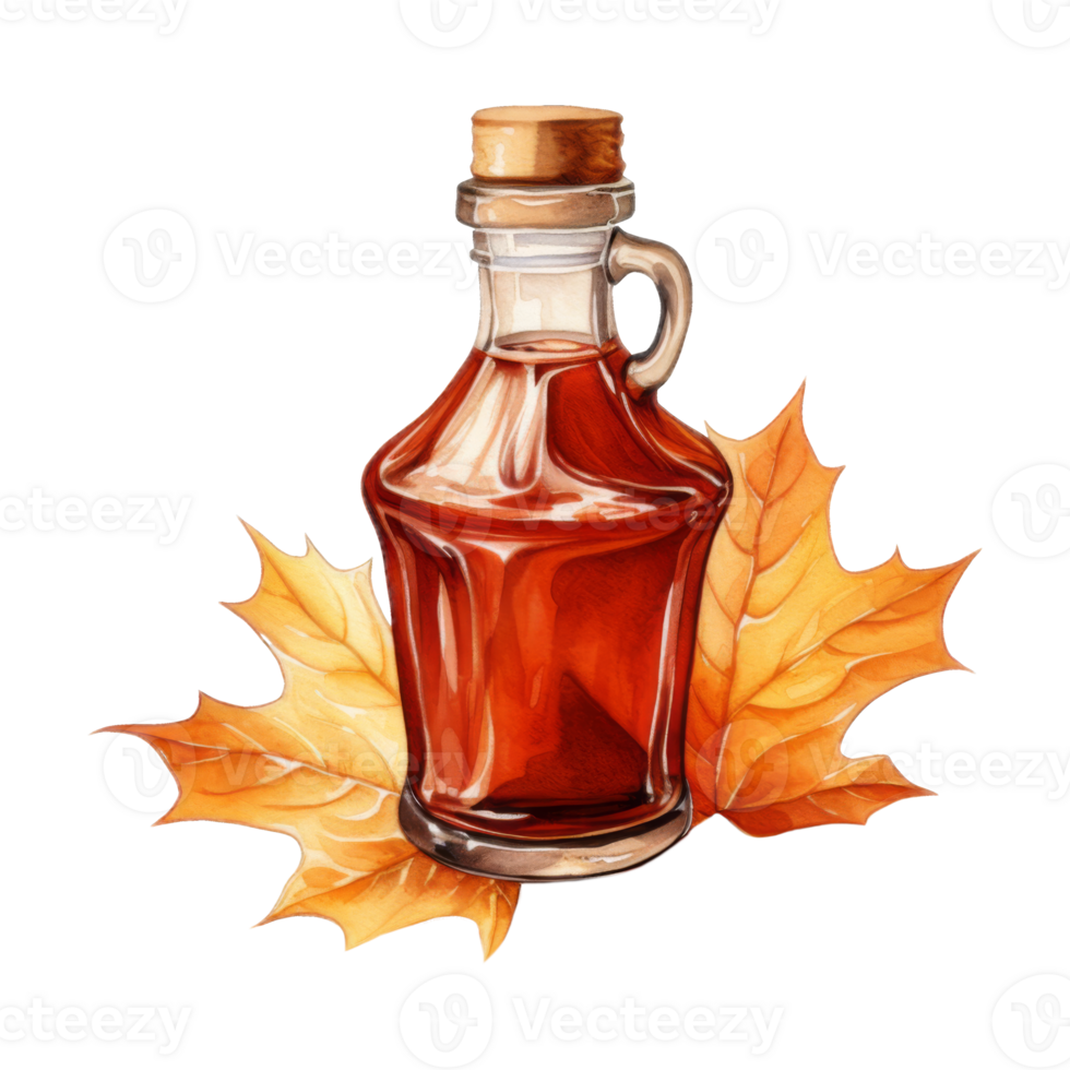 Amber-hued maple syrup in a glass bottle rests on autumn leaves. png