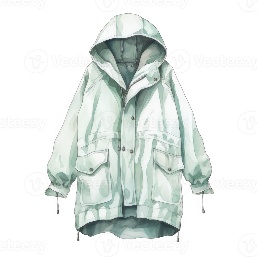 Mint Green Hooded Jacket with Pockets, Watercolor Style Illustration png
