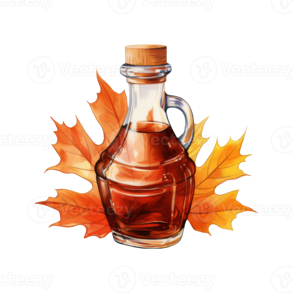 Amber maple syrup in a glass bottle, surrounded by autumn leaves. png