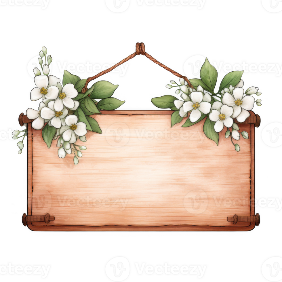 Wooden Sign with White Blossoms and Rope Hanger, Blank Space for Text png